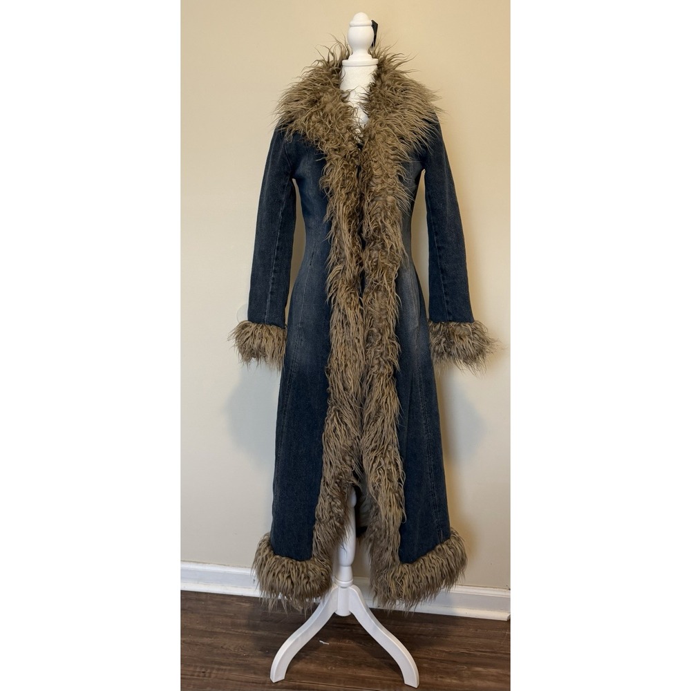 VTG GIACCA Long Denim Afghan Coat SZ Small Maxi Penny Lane Fur Boho Y2K 70s